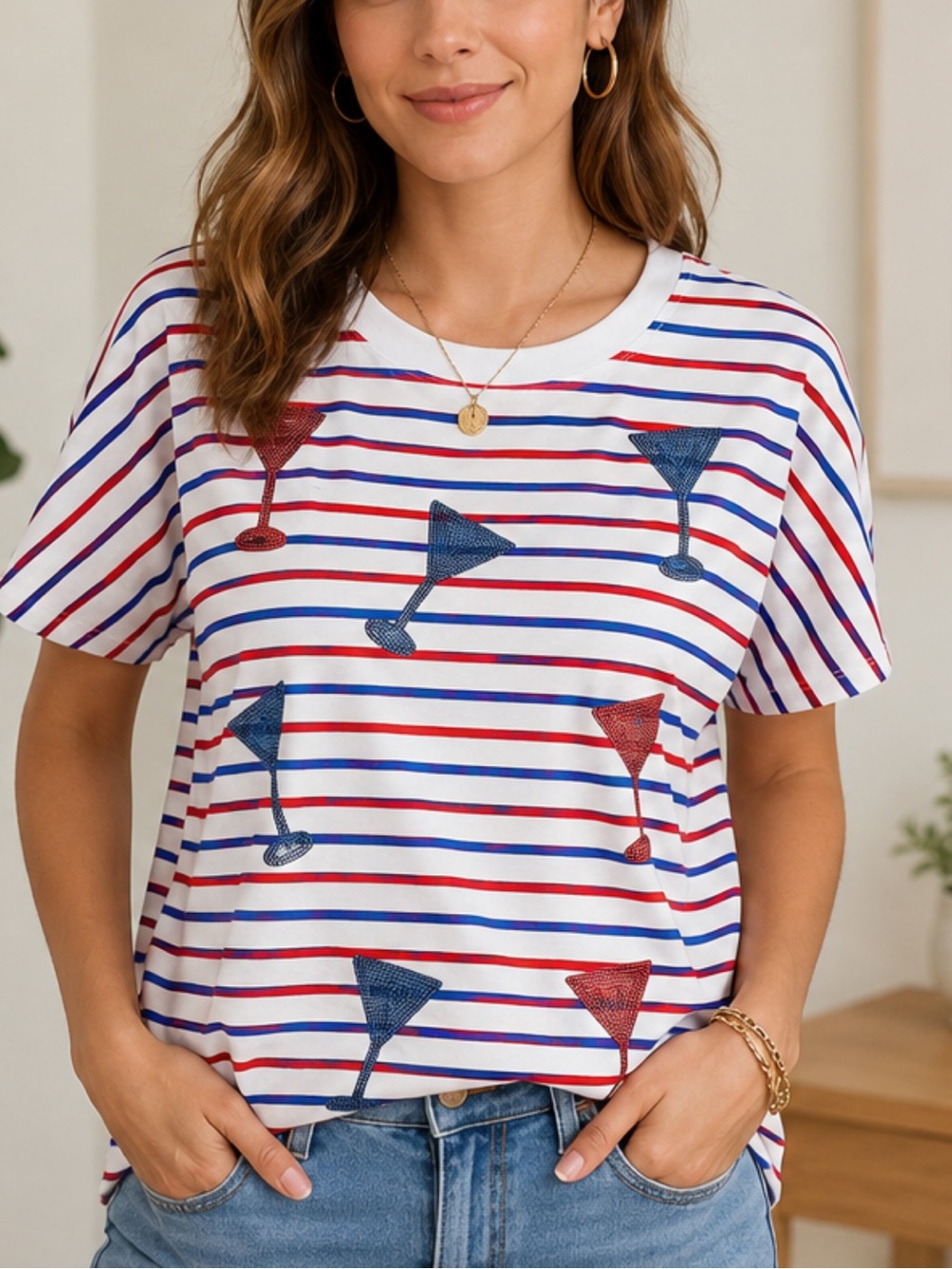 Striped White Women’s Tee with Red & Blue Cocktail Motif
